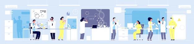 Vektor wissenschaftliches forschungslabor. professionelle wissenschaftler, chemische forscher, die mit laborgeräten arbeiten. molekulartechnisches vektorkonzept