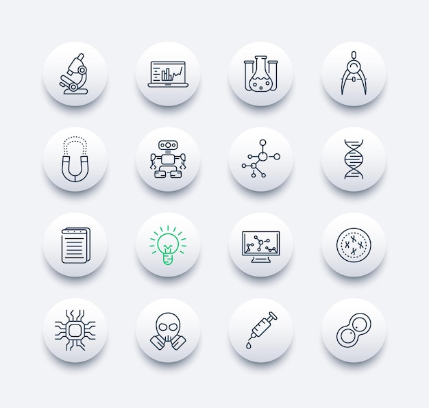 Wissenschafts- und forschungslinie icons set, studie, labor, chemie, physik, genetik, robotik, maschinenbau, integriert