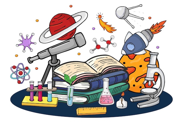 Wissenschaftsbuch über den weltraum, vektorillustration. karikaturbildungskonzept mit rakete, planet, stern und handgezeichnetem satelliten. kreatives design über schul-, chemie- und biologieelemente.