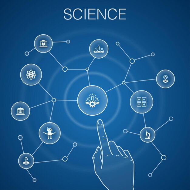 Vektor wissenschaftskonzept, blauer hintergrund. erfindung, physik, labor, universitätsikonen