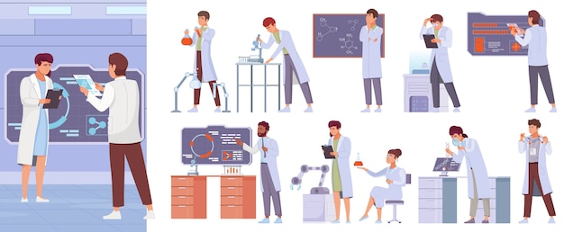 Wissenschaftslaborillustrationen und Symbole im flachen Design