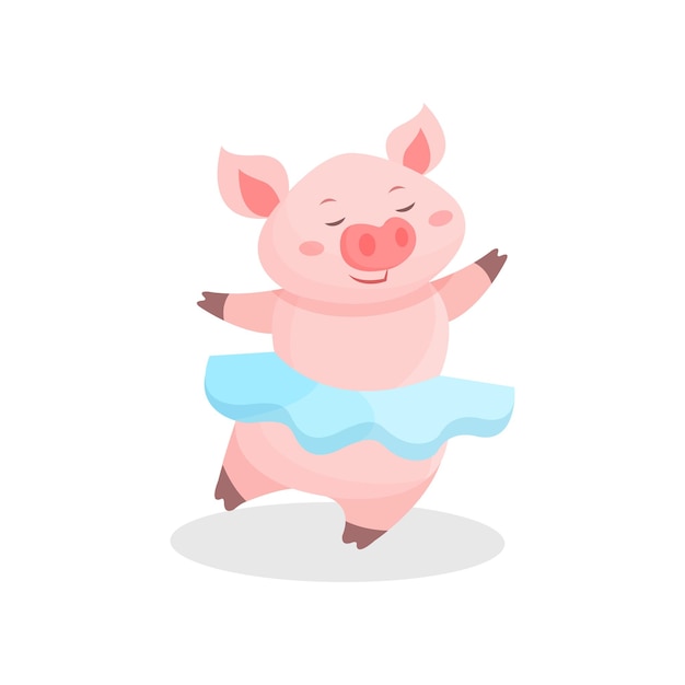 Witziges Schweinemädchen mit Rock, das Spaß hat, süßes kleines Schweinchen, Zeichentrickfigur, Vektorillustration auf