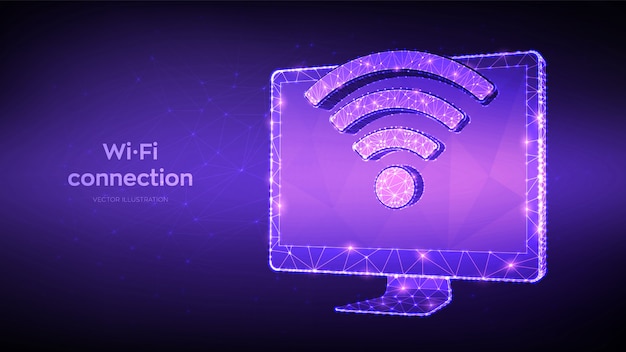 Wlan-freies wlan-konzept. abstrakter niedriger polygonaler computermonitor mit wi-fi-zeichen.