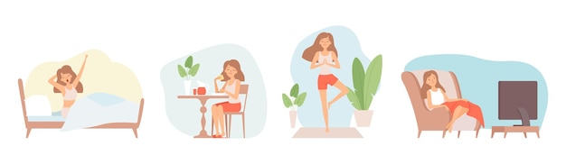 Wochenende entspannen. Bleiben Sie zu Hause, Isolationsphase. Alleinstehende Frau isst, schaue fern und mache Yoga-Vektor-Illustration. Relax Lifestyle, sitzendes Entspannungswochenende