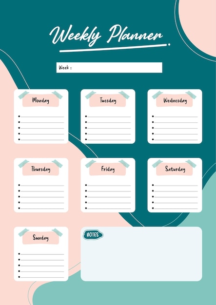 Vektor wochenplaner bearbeitbare notizen ästhetische und farbenfrohe planerillustration