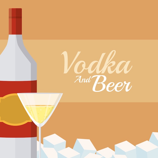 Wodkaflasche mit Cocktail- und Eiswürfeln