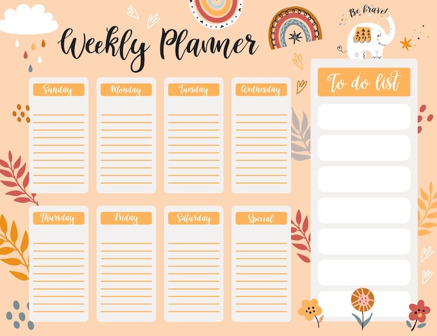 Wöchentliche planer-seitenvorlage, liste mit niedlichen elefanten im cartoon-stil zu tun