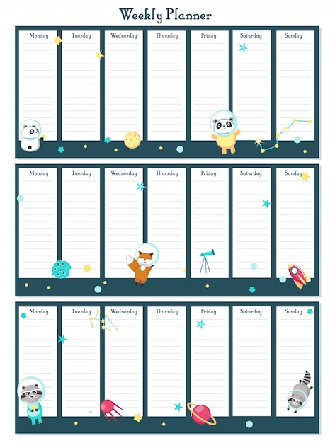 Vektor wöchentliche planervektorschablone mit raumtieren