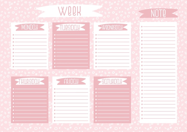 Wöchentliche planungsvorlage auf rosa doodle-hintergrund wochenplan mit anmerkungen