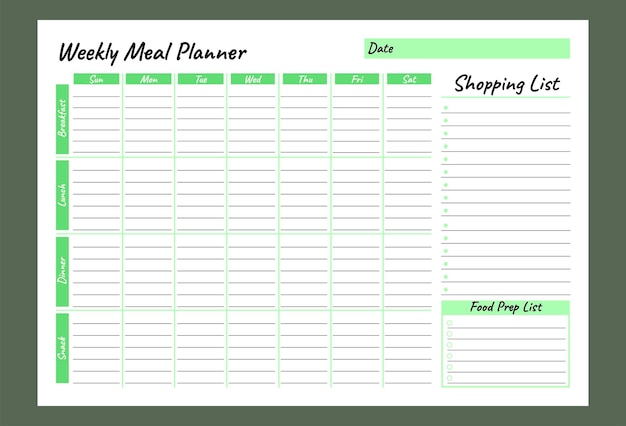 Wöchentlicher essensplaner und einkaufsliste grünes vektor-vorlagendesign