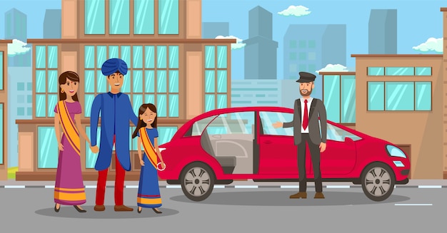 Wohlhabende indische familie, die auf auto-illustration wartet