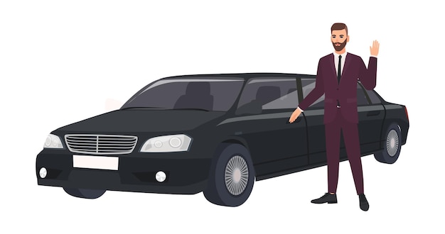 Wohlhabender Mann im eleganten Anzug, der neben Luxuslimousine und winkender Hand steht. Reiche Person oder männliche Berühmtheit und sein luxuriöses Auto oder Automobil. Bunte Vektorillustration im flachen Cartoon-Stil.