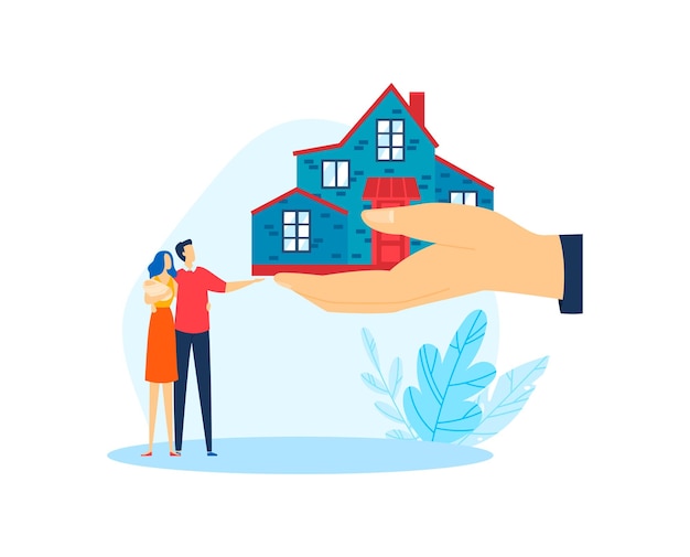 Wohneigentum für Familienpaare mieten Hausvektorillustration Neue Wohnungsdarlehen und Mietwohnungen Verkauf Kauf Cartoon-Gebäude in der Hand des Menschen