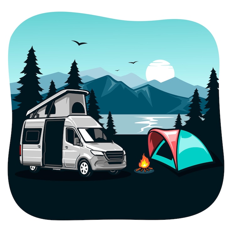 Vektor wohnmobil-camping und wohnmobil-konzeptkunst. illustration der schönen landschaft, des sees, der berge