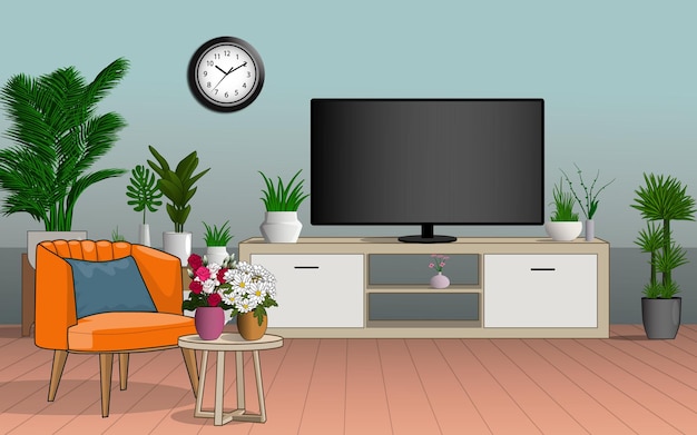 Vektor wohnzimmer innenarchitektur sofa tv blumenblumenvektorillustration