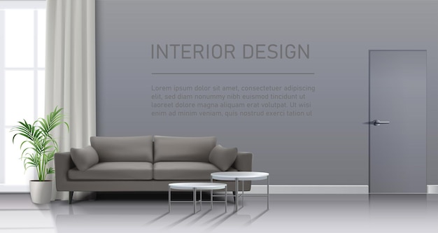 Wohnzimmer Interieur mit Fenstervorhängen Sofa mit Couchtischen