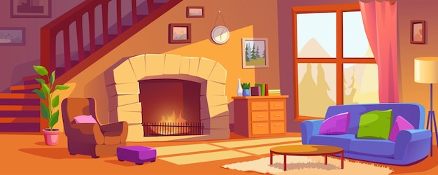 Wohnzimmer mit Kamin Hintergrundbanner in Cartoon-Design Gemütliches Innenraum mit Sofa und Sessel Kissen Kaffeetisch warmes Feuer Holzleiter und großes Fenster Vektor Cartoon-Illustration