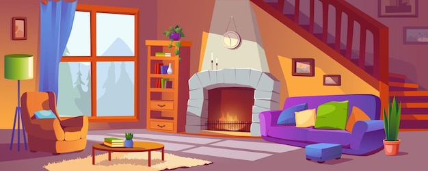 Wohnzimmer mit Kamin Hintergrundbanner in Cartoon-Design Klassisches Heiminterieur mit Sofa und Sessel warmes Feuer Bücherregal Holzleiter und Fenster Hauspflanzen Vektor Cartoon-Illustration