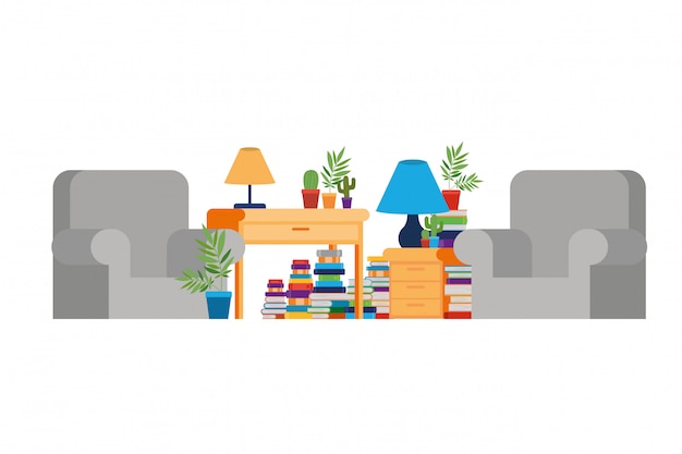 Wohnzimmer mit Sofa und Schreibtisch mit Büchern