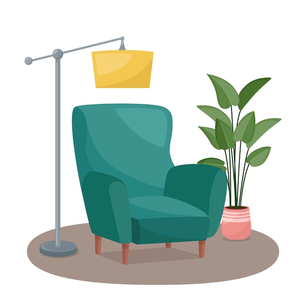 Wohnzimmerinnenraum. Sessel, Stehlampe und Zimmerpflanze, Vektorillustration