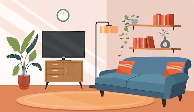 Vektor wohnzimmerinterieur bequemes sofa tv und hauspflanzen vektorflach cartoon-illustration