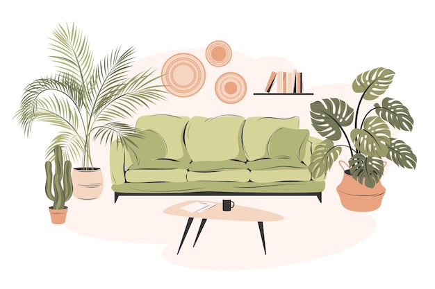 Wohnzimmerinterieur mit Sofa, Bücherregalen, Pflanzen, Tisch und Dekor an der Wand