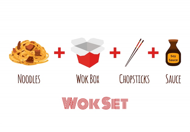 Vektor wokbox mit stäbchen. asiatisches essen, lieferung