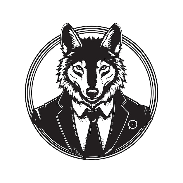 Wolf Geschäftsmann Vintage Logo Linie Kunstkonzept schwarz-weiß handgezeichnete Illustration