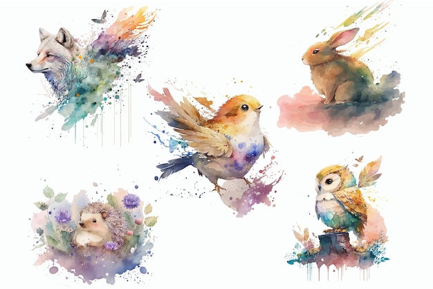 Wolf Hase Igel Eule und Vogel im Aquarellstil Isolierte Vektorillustration