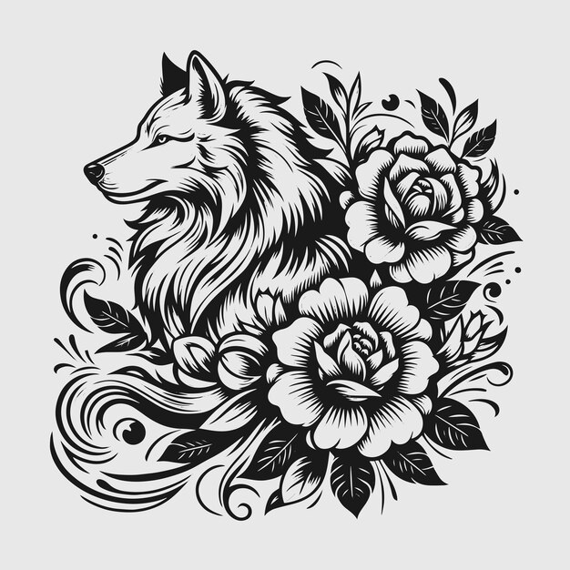 Wolf mit botanischen blumen schwarzer tattoo-design-vektor