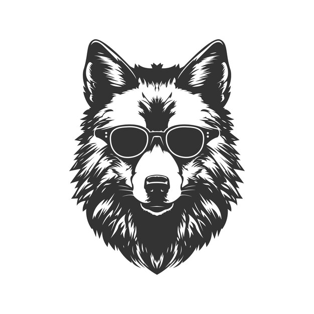 Wolf mit sonnenbrille vintage-logo-linie kunstkonzept schwarz-weiß-farbe handgezeichnete illustration