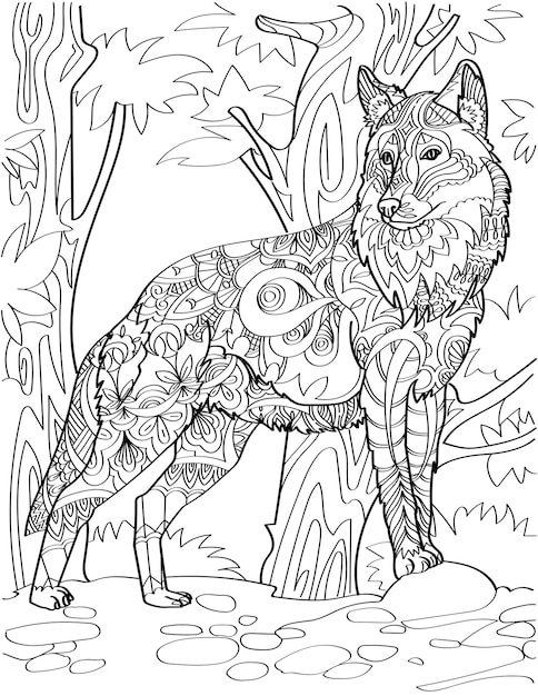 Wolf steht seitwärts im Waldhintergrund farblose Linie, die große Fuchsseite zeigt