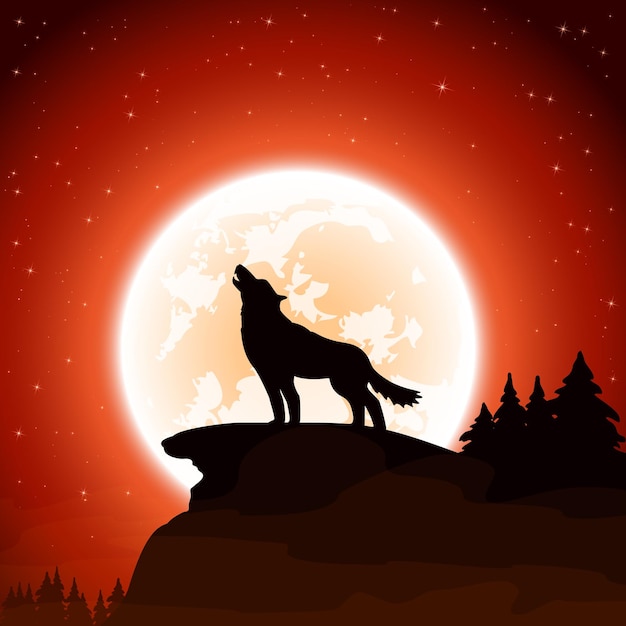 Wolf und mond auf himmelshintergrund