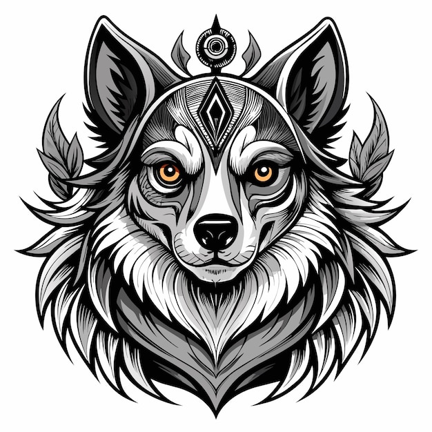 Vektor wolfskopf-tattoo, handgezeichnetes maskottchen, zeichentrickfigur, aufkleber, ikonenkonzept, isolierte illustration