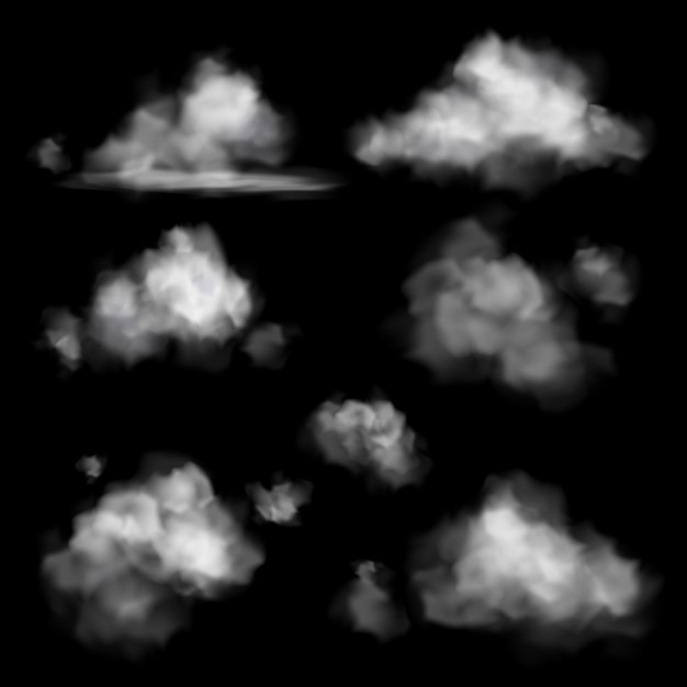 Wolke realistisch Himmel weiße Wolken in der Luft Nebeleffekt flauschiger Rahmen bewölktes Wetter Hintergrund Wolkengebilde Textur Klima Meteorologie transparentes Element Vektor isolierter Hintergrundsatz