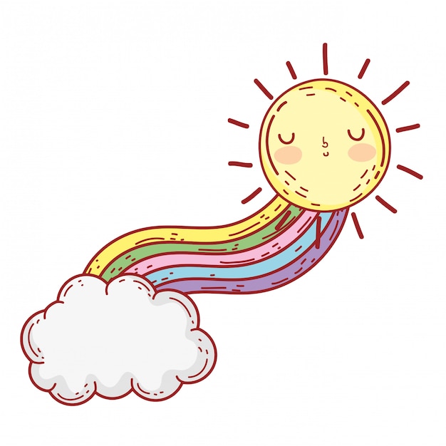 Vektor wolken und regenbogen mit sonne kawaii zeichen
