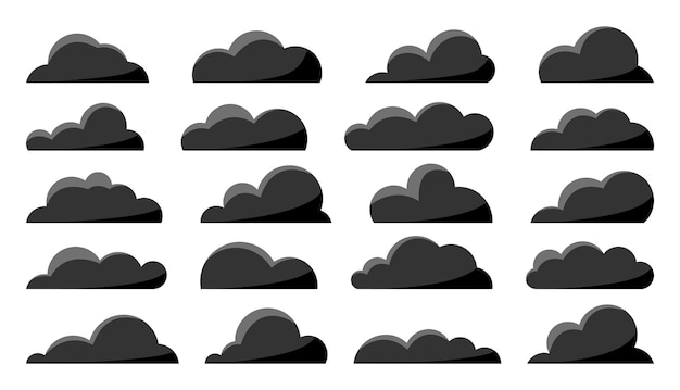 Wolkenschwarzes flaches Set. Cartoon hauptsächlich bewölktes Wettersymbolspiel-App-Widget-Webinterface. Rauch, Ruß, Abgase, Element, bewölkter Himmel, 2D. Element für Postkartenbuchform lokalisiert auf Weiß