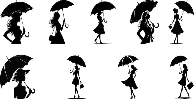 Vektor woman holding umbrella different pose silhoutte vektor illustration (vektorscheinung) in der hand eines regenschirms