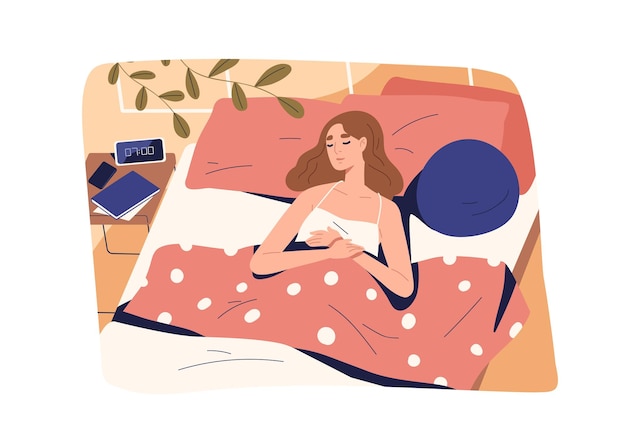 woman sleeping in bed peaceful morning sleep of person female asleep in cozy comfy bedroom at home lying and dreaming alone on pillows under blanket flat vector illustration of human relaxing