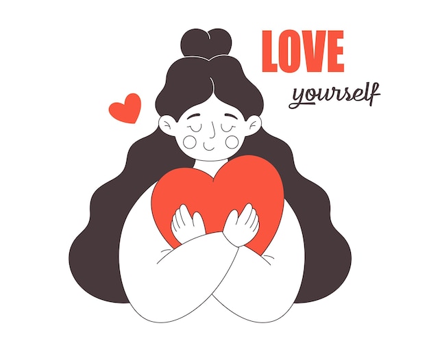Woman with red heart Love yourself Selfcare and acceptance Mental health concept Vector doodle