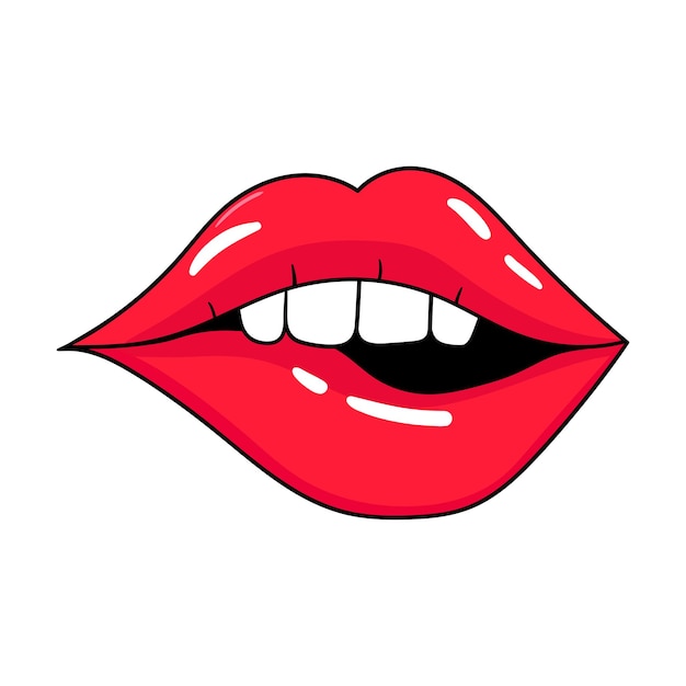 Womans rote lippen sexy mund küssen cartoon-stil handgezeichnete vektor-illustration