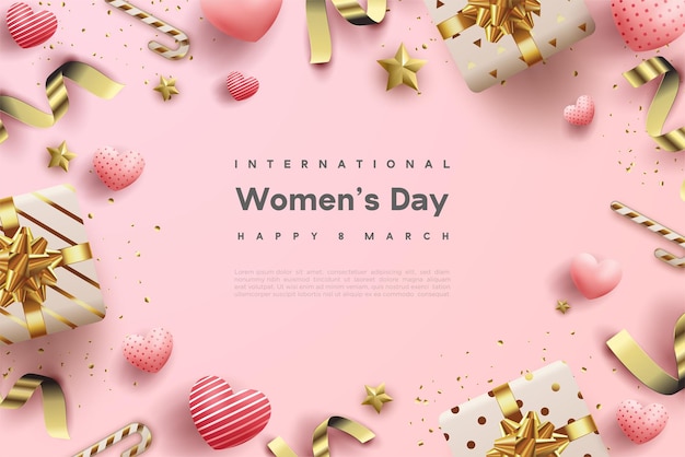 Womens day hintergrund in zartrosa farbe realistische 3d-liebe geschenkboxen und luftballons illustration premium-vektorhintergrund für banner poster social media