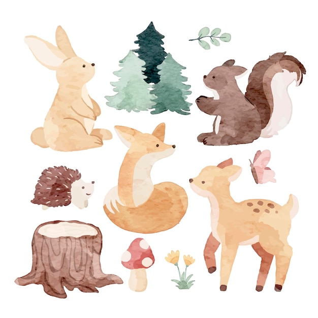 Woodland Animal Aquarell Handgezeichnetes Element-Bundel