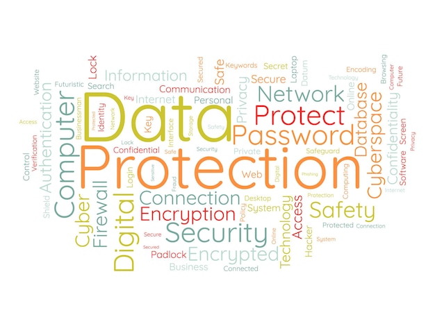 Word-cloud-hintergrundkonzept für den datenschutz digitale sicherheitsnetzwerktechnologie verschlüsselung der cyber-cloud-sicherheitsvektorillustration