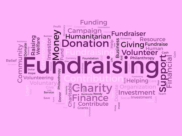 Word cloud hintergrundkonzept für fundraising charity finanzierung philanthropie spende unterstützung der vektorillustration für wohltätige beiträge