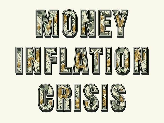 Vektor word-inflation, geld, krise mit 100 us-dollar-scheinen und goldenen ein-dollar-münzen in buchstaben.