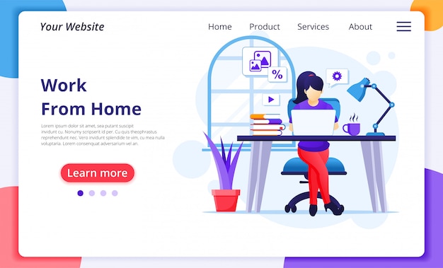 Work from home-konzept, eine frau sitzt am schreibtisch und arbeitet am laptop, bleibt zu hause, quarantäne während der coronavirus-epidemie. design-vorlage für die zielseite der website