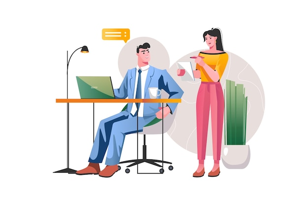 Workflow-Konzept mit Menschenszene im flachen Cartoon-Design Der Manager gibt Arbeitsanweisungen