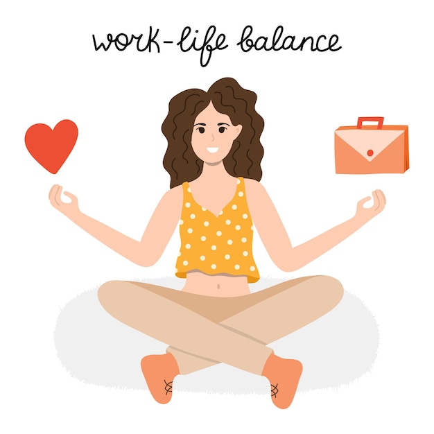 Worklife-balance-vektorkonzept eine frau sitzt in yoga-lotus-position und balanciert zwischen leben und arbeit die wahl zwischen familienfreunden, unterhaltungsliebe und karrieregeld finanziert job