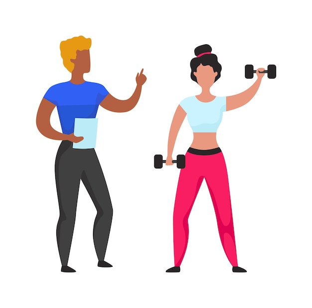 Workout cardio und gewichtheben mit persönlichem fitnesstrainer frauentraining mit hanteln fitnessübungen aktiver lebensstil für gesundheitsversorgung und wellness vektorsportillustration